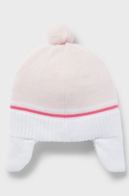 Baby hat in knitted cotton with logo and pompom, light pink