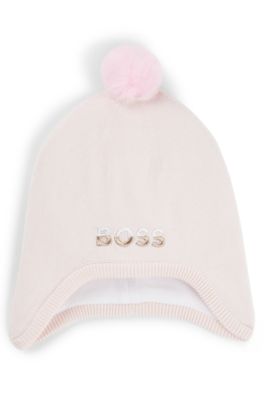 Cappello per neonati in cotone con pompon e logo ricamato, Rosa chiaro
