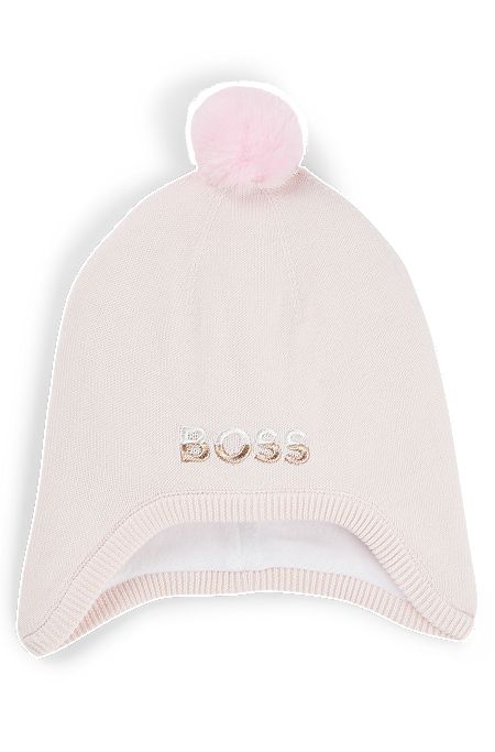 Baby-Mütze aus Baumwolle mit Bommel und Logo-Stickerei, Hellrosa