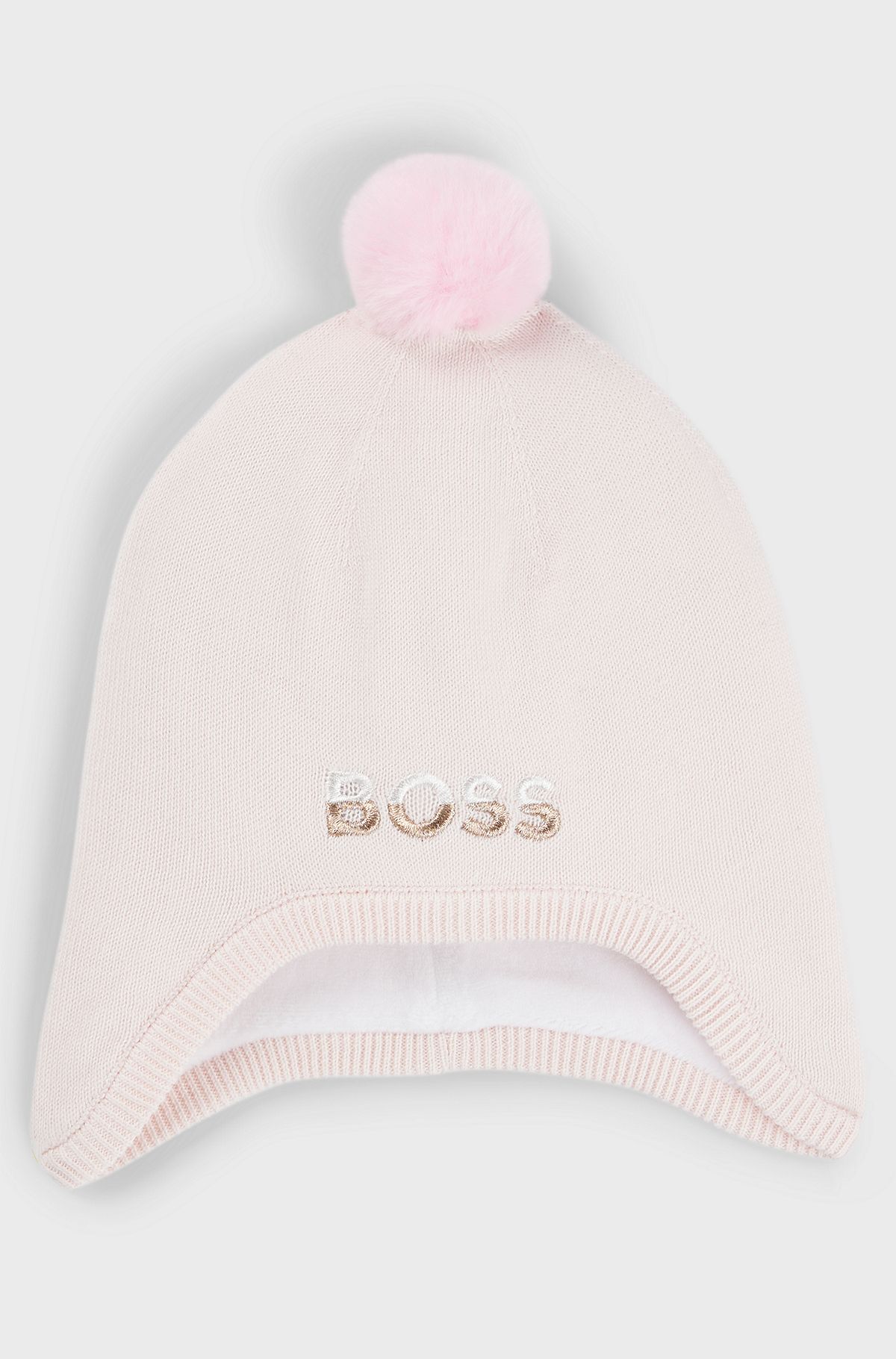 Baby hat in cotton with pompom and embroidered logo, light pink