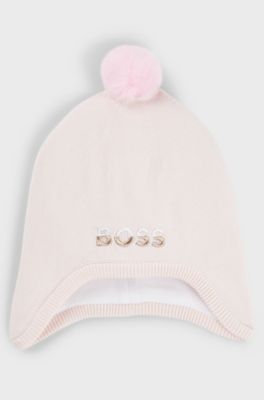 Cappello per neonati in cotone con pompon e logo ricamato, Rosa chiaro