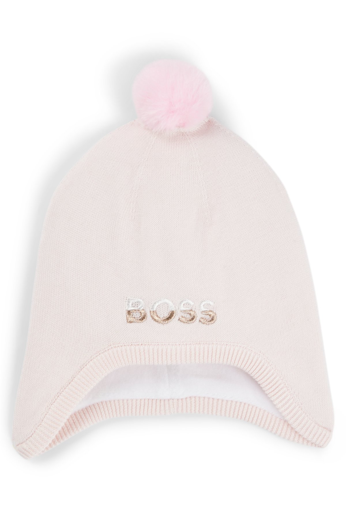 Baby hat in cotton with pompom and embroidered logo, light pink