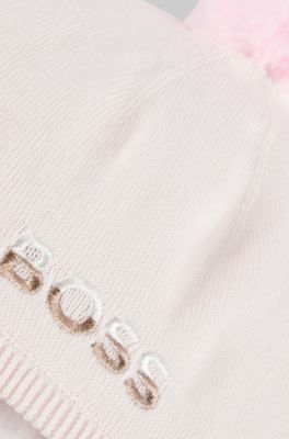 Cappello per neonati in cotone con pompon e logo ricamato, Rosa chiaro