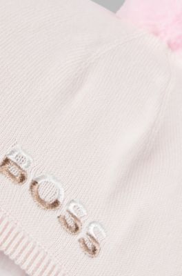 Cappello per neonati in cotone con pompon e logo ricamato, Rosa chiaro