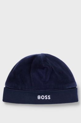 Baby hat in velvet with embroidered logo, Dark Blue