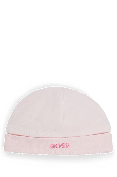 Baby hat in cotton-blend velvet with embroidered logo, light pink