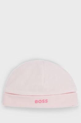 Baby hat in cotton-blend velvet with embroidered logo, light pink