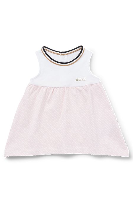 Kjole til babyer i bomuld med stræk og mønstret skørt med monogram, Lys pink