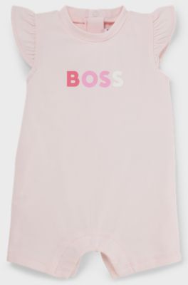 Baby playsuit in stretch cotton with logo print, Light Pink
