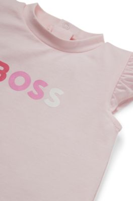Baby playsuit in stretch cotton with logo print, light pink