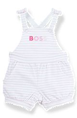 Baby dungarees in striped cotton with printed logo, White