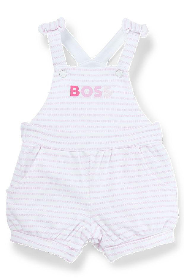 Baby dungarees in striped cotton with printed logo, White