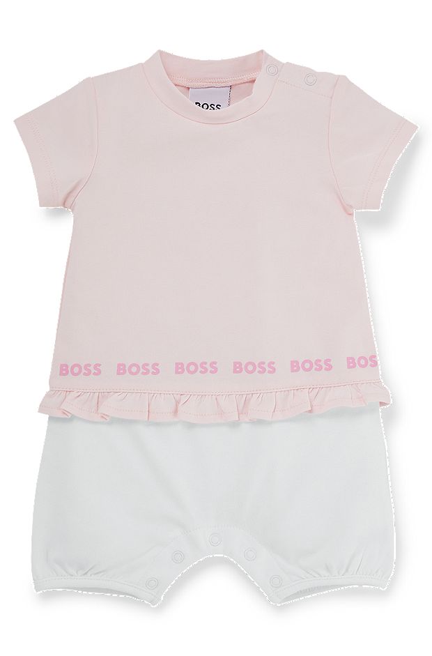 Baby playsuit in stretch cotton with frilled trim, light pink
