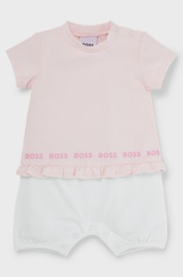 Baby playsuit in stretch cotton with frilled trim, Light Pink