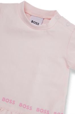 Baby playsuit in stretch cotton with frilled trim, light pink