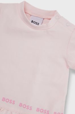 Baby playsuit in stretch cotton with frilled trim, Light Pink