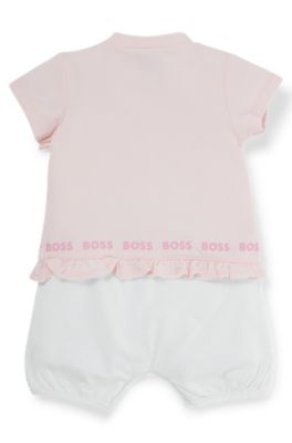 Baby playsuit in stretch cotton with frilled trim, light pink