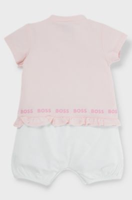 Baby playsuit in stretch cotton with frilled trim, Light Pink