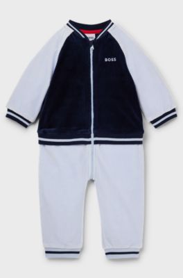 Baby all-in-one in velvet with colour-blocking, Light Blue