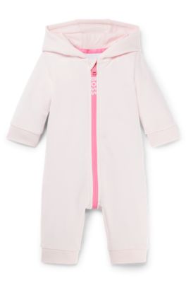 Baby hooded bodysuit in cotton-blend fleece, light pink