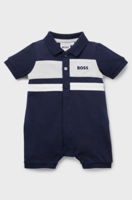Baby playsuit in stretch cotton with stripes and logo, Dark Blue