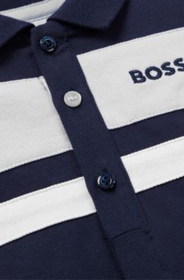 Baby playsuit in stretch cotton with stripes and logo, Dark Blue