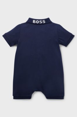 Baby playsuit in stretch cotton with stripes and logo, Dark Blue