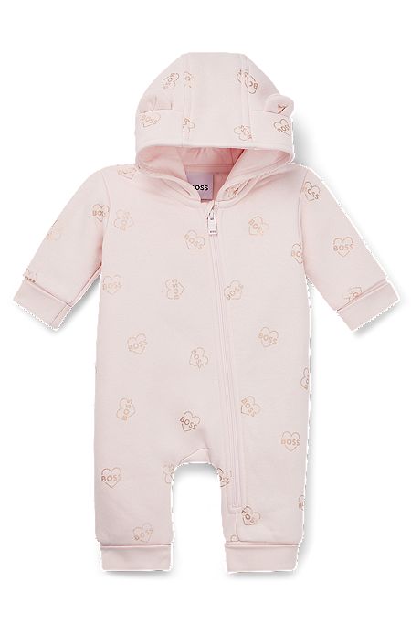 Baby hooded all-in-one in logo-print fleece, light pink