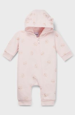 Baby hooded all-in-one in logo-print fleece, light pink