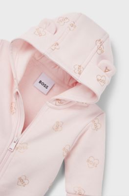 Baby hooded all-in-one in logo-print fleece, light pink