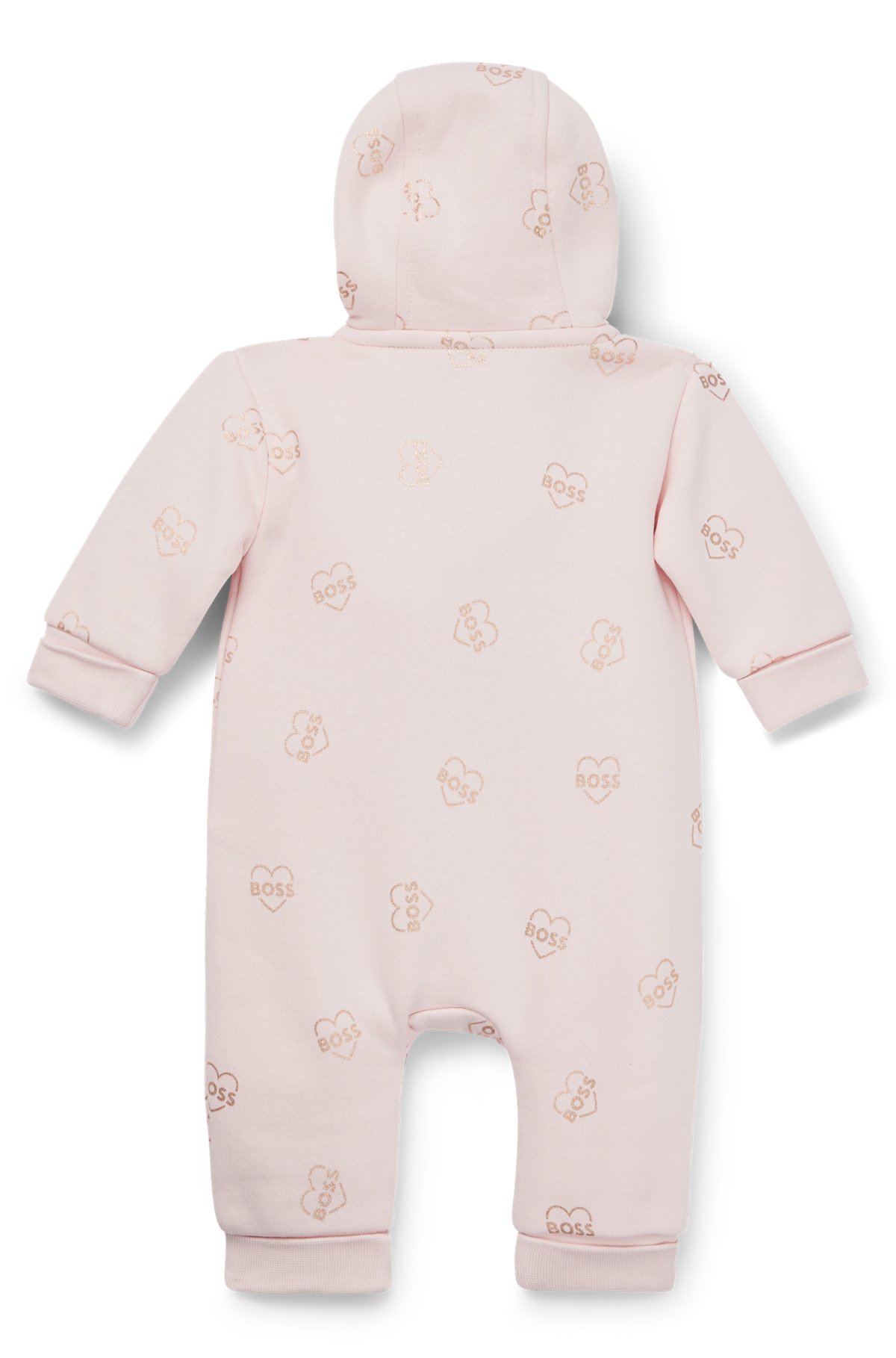 Baby hooded all-in-one in logo-print fleece, light pink