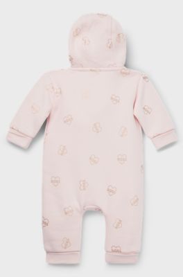 Baby hooded all-in-one in logo-print fleece, light pink