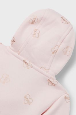 Baby hooded all-in-one in logo-print fleece, light pink