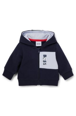 Baby fleece hoodie with logo print and colour blocking, Dark Blue