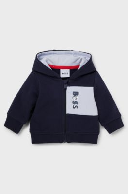 Baby fleece hoodie with logo print and colour blocking, Dark Blue