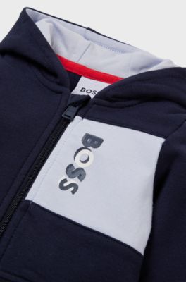 Baby fleece hoodie with logo print and colour blocking, Dark Blue