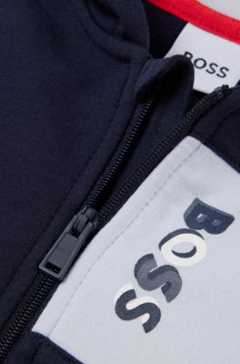 Baby fleece hoodie with logo print and colour blocking, Dark Blue