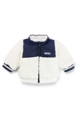 Baby faux-shearling zip-up jacket with logo print, White
