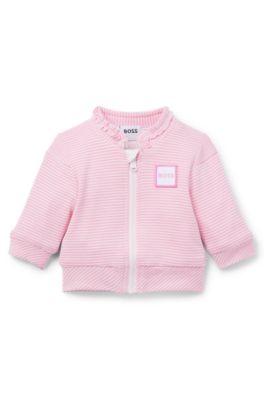 Baby zip-up cardigan in striped cotton, light pink
