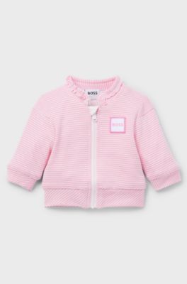 Baby zip-up cardigan in striped cotton, Light Pink