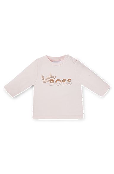 베이비 로고 프린트 스트레치 코튼 롱 슬리브 티셔츠, 라이트 핑크