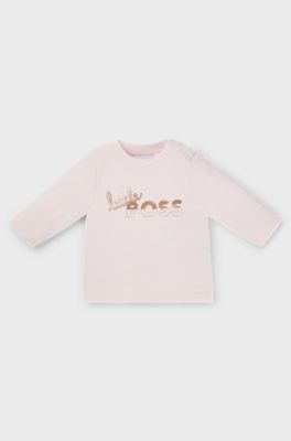 Baby long-sleeved stretch-cotton T-shirt with logo print, Light Pink