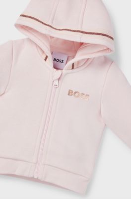 Baby cotton-blend zip-up hoodie with embroidered logo, light pink