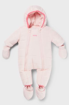 Baby water-repellent snowsuit with detachable mittens and slippers, Light Pink