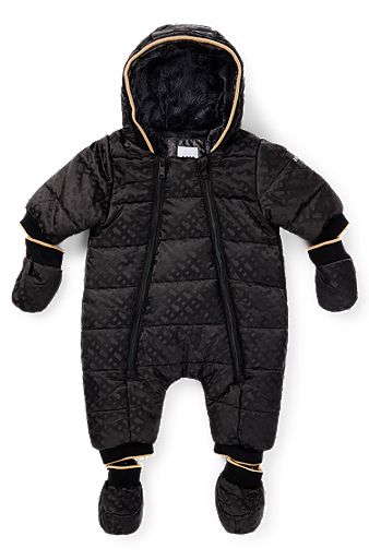 Mono de nieve repelente al agua para bebés con capucha y estampado de monogramas, Negro