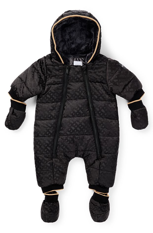 Mono de nieve repelente al agua para bebés con capucha y estampado de monogramas, Negro