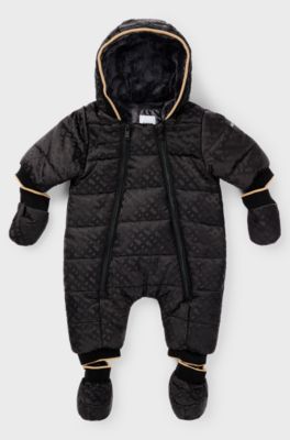 Baby water-repellent hooded snowsuit with monogram pattern, Black