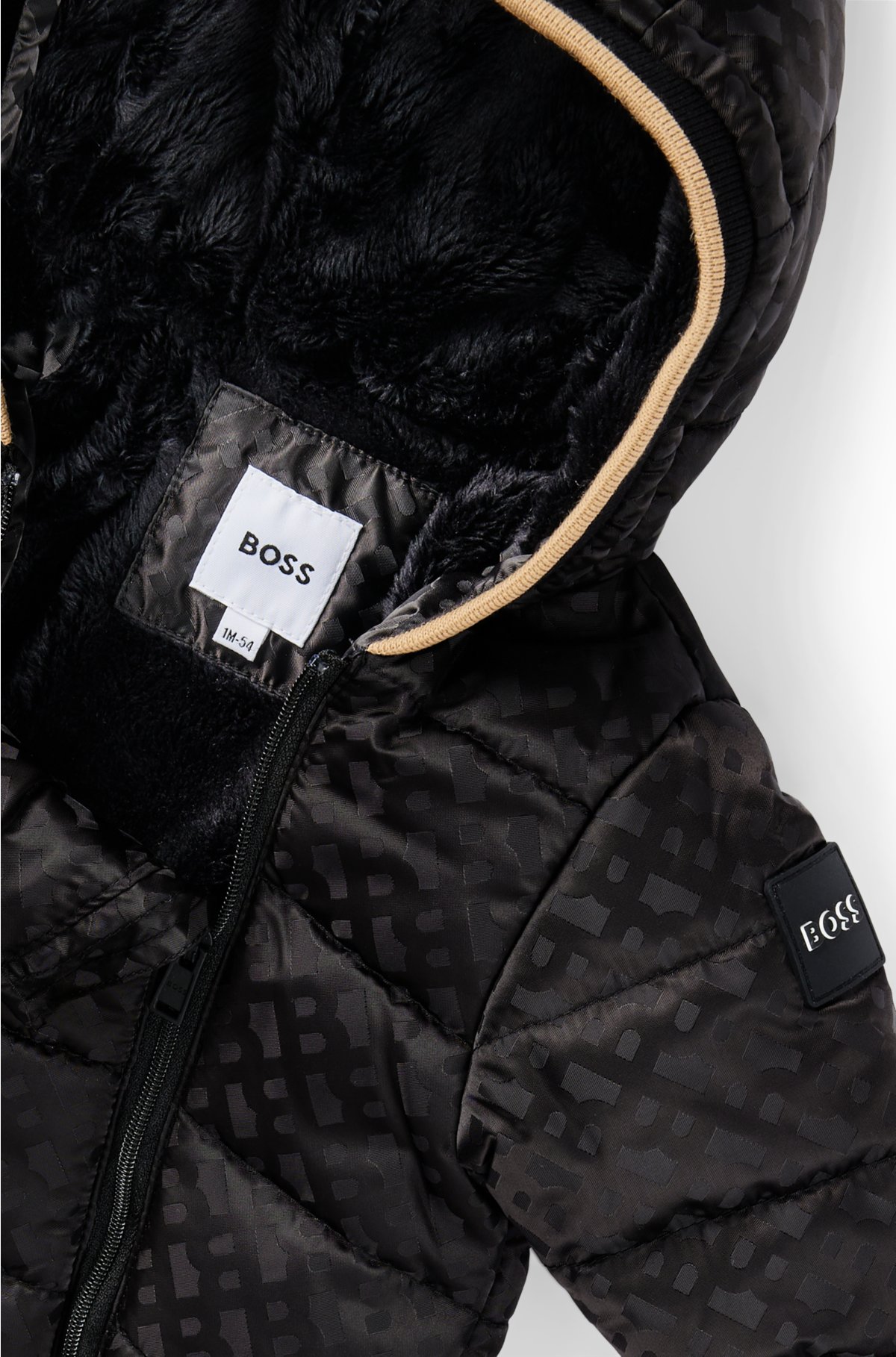 Baby water-repellent hooded snowsuit with monogram pattern, Black
