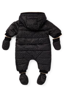 Baby water-repellent hooded snowsuit with monogram pattern, Black