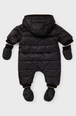 Baby water-repellent hooded snowsuit with monogram pattern, Black